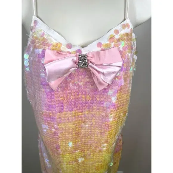 LoveShackFancy Kumi Sequin Bow Detail Irridescent Pink Mini Dress Size 2 - Picture 6 of 9